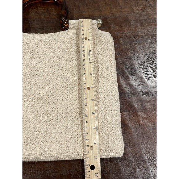 Vintage Crochet Purse Handbag Ivory Knit Brown Tortoise Lucite Handles Lined - Picture 9 of 10